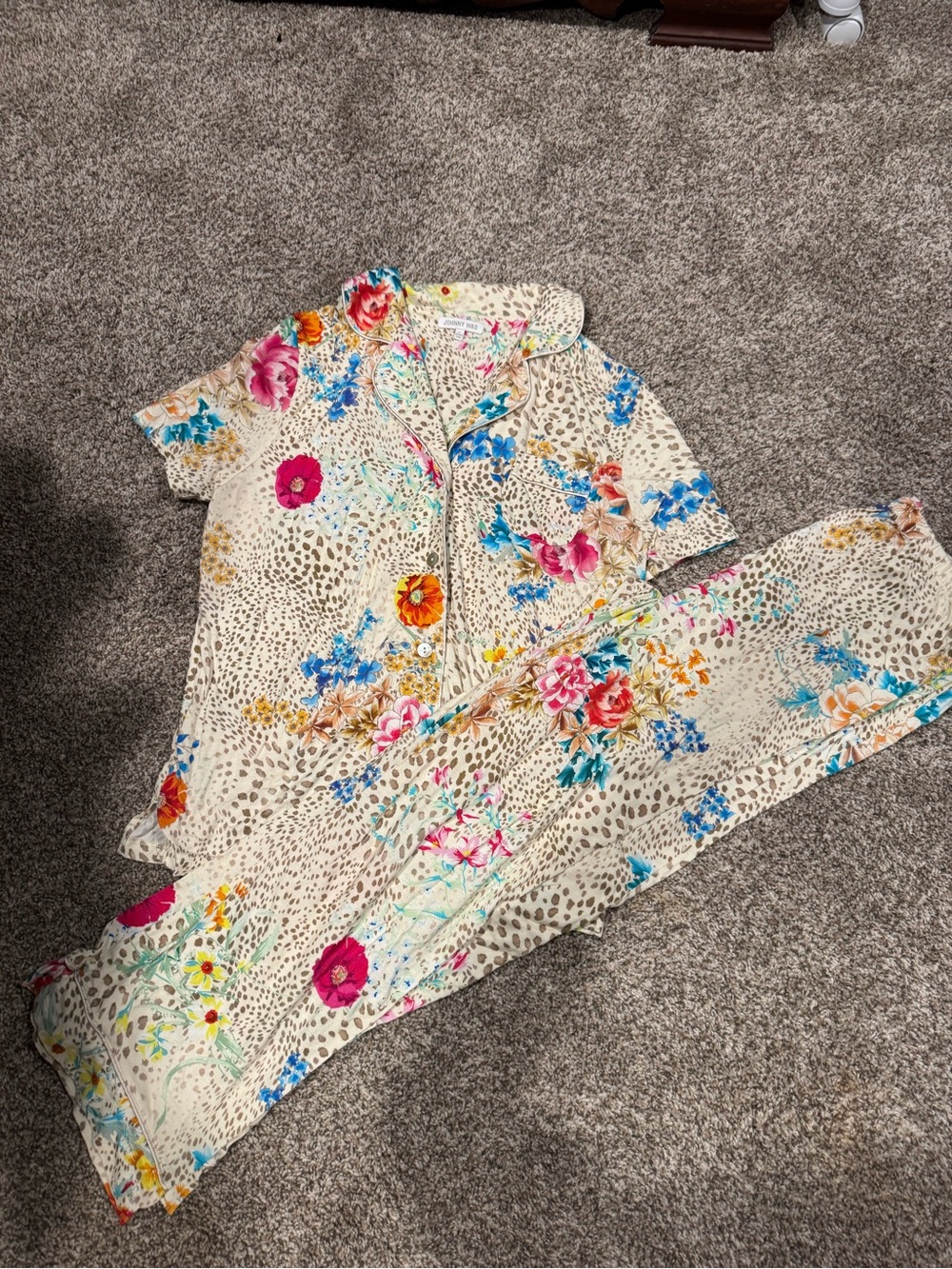 Johnny Was Cream Floral-Print Kids Pajama Set with Pink & Blue Flowers